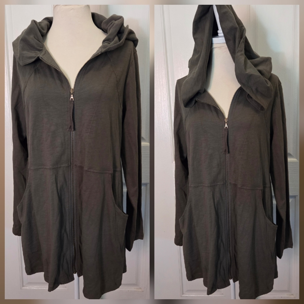LOGO Lori Goldstein Hoodie Sweatshirt Green Full Zip Pockets Small Sweater